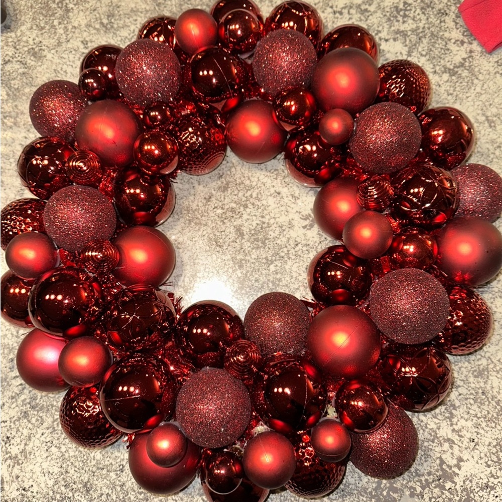 19” diameter Crimson Red Christmas Bulb Wreath. Hand made. Seasonal